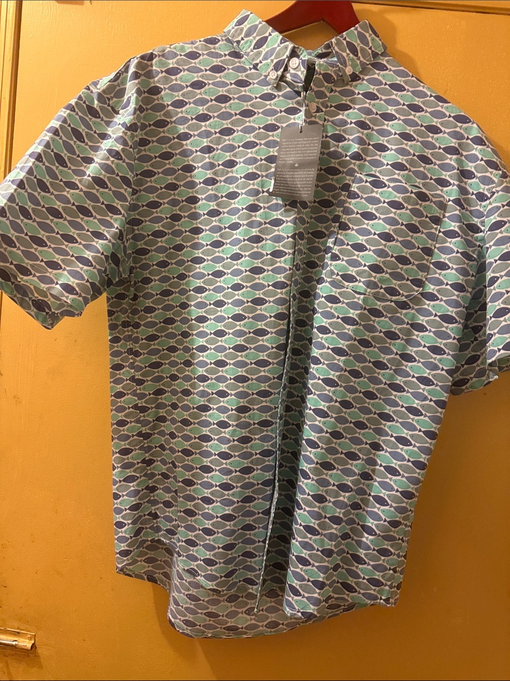 LOFT Men's Short Sleeve Button-Down Shirt in Blue and Green Geometric Print
